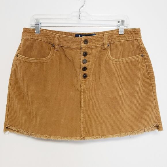 INDIGO Rein Golden Brown  Corduroy mini skirt‎ size 13/30 button fly raw hem - Picture 6 of 9